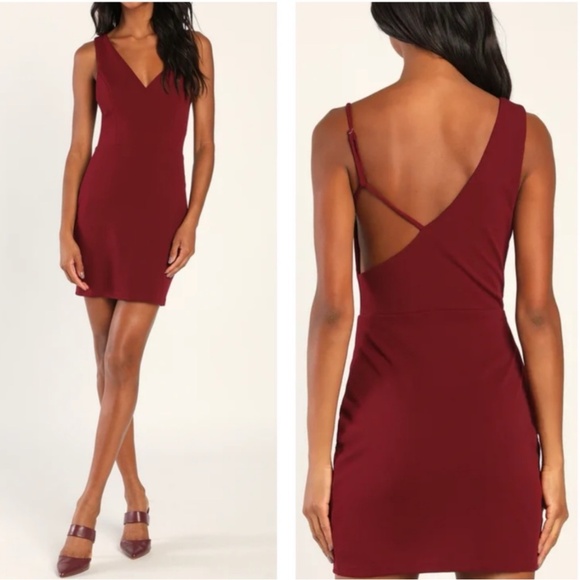 Lulus | Sultry Silhouette Burgundy Asymmetrical Bodycon Mini Dress | Small NWOT - Picture 1 of 15